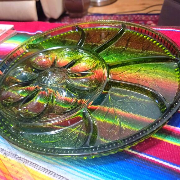 Indiana Green Glass Deviled Egg & Relish Dish‎ Serving Platter 13" Entertaining - Picture 6 of 11